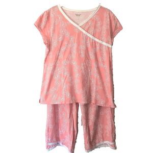 Garnet Hill Pajama Set Medium Peach Asian Wrap Organic Cotton Capri Short Sleeve